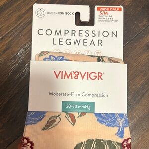 Tan Knee-High Compression Socks with Blue and Green Floral Design